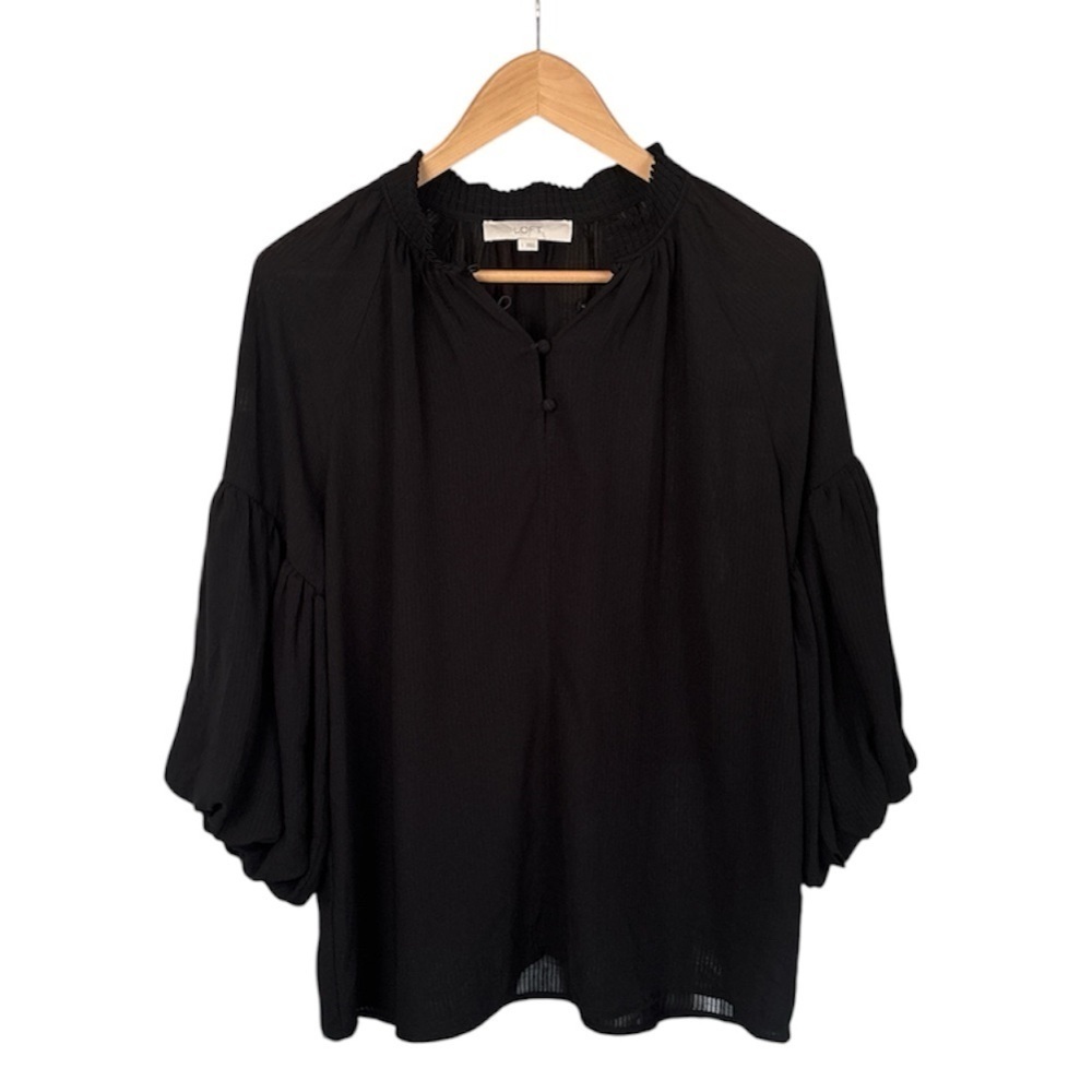 LOFT Breezy Textured Stripe Blouse with Romantic Bubble Sleeves - Small